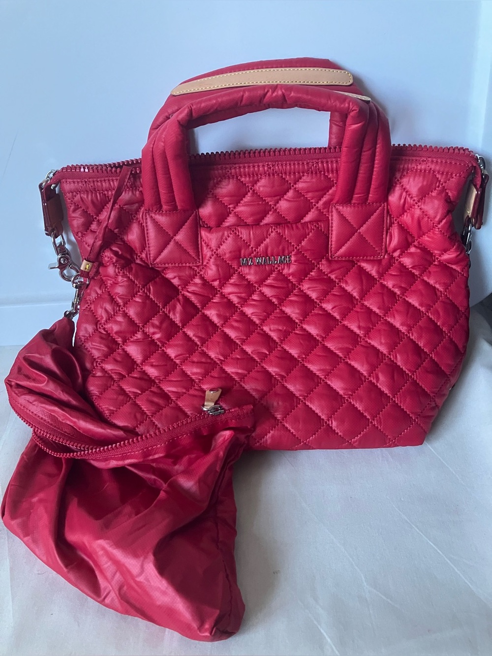 MZ Wallace Small Sutton Deluxe Red Quilted Nylon Tote Crossbody Bag NWOT Pouch.
